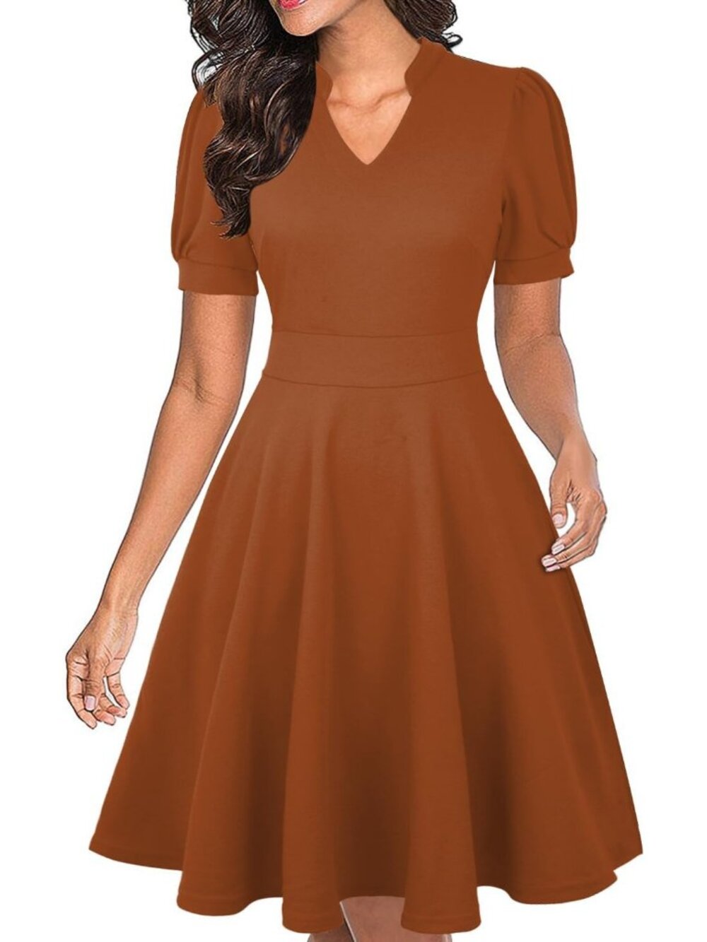 Women's Summer Puff Sleeve Fit & Flare Midi Dress with Pockets Work Church-Brown